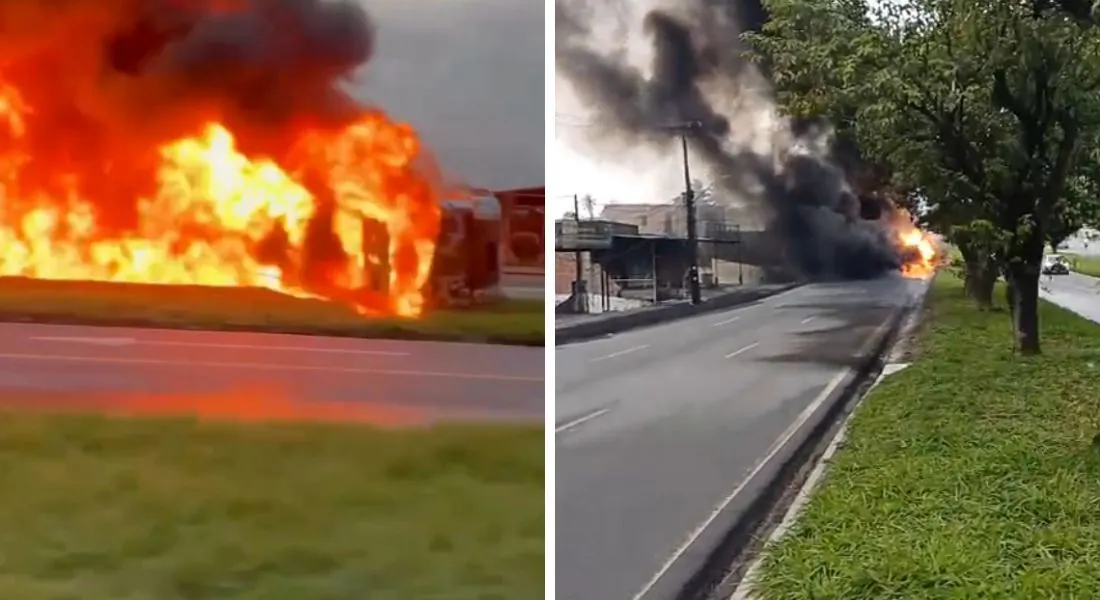 Caminhão-tanque tomba e pega fogo na BR-101 em Igarassu-PE